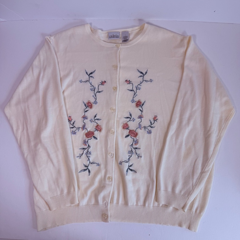 Vintage Floral Embroidered Cream Cardigan Sweater 1X Cottagecore Granny Chic